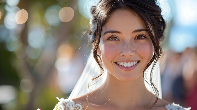 pretty wedding bride smiling showing from her waiste to the head and holding white bouquet outdoors on the isolated hue background