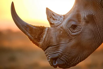 Zelfklevend Fotobehang closeup of rhino face in warm sunset light © Alfazet Chronicles