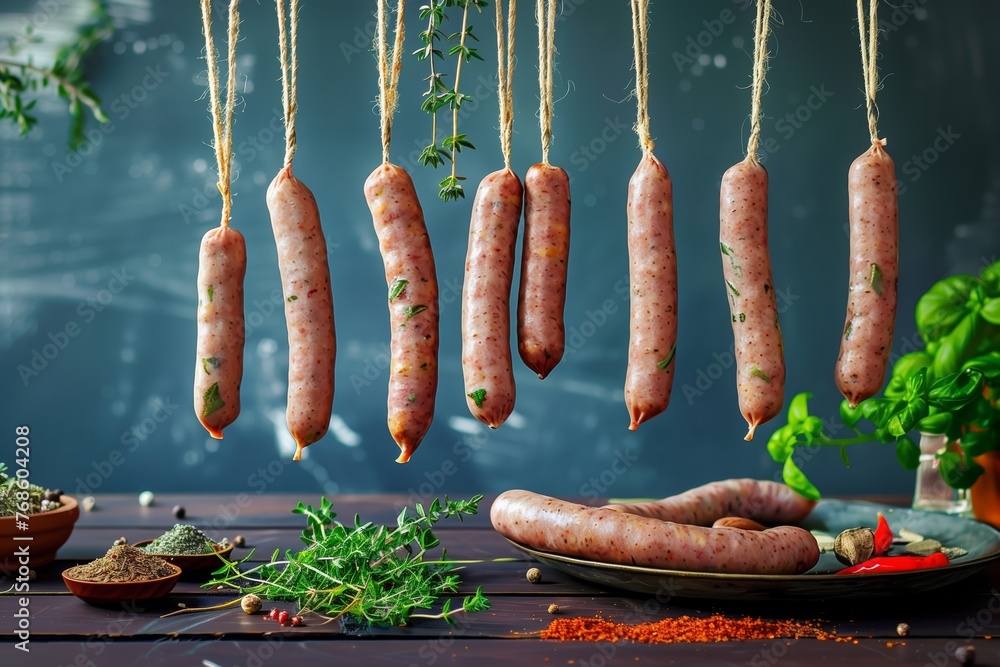 Wall mural sausages hanging above a kitchen table with herbs and spices