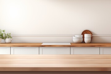 Wooden table in front of modern kitchen room interior background in pastel tones. Product display...
