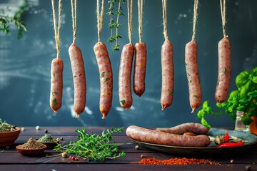 sausages hanging above a kitchen table with herbs and spices - obrazy, fototapety, plakaty