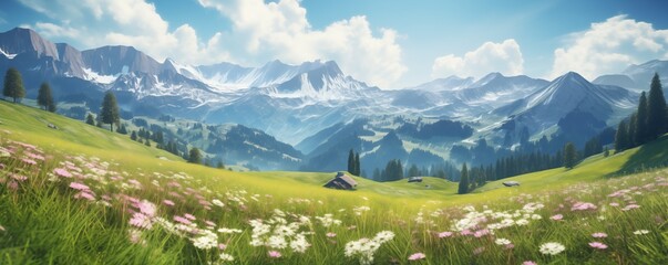 Mountain landscape banner with blooming meadow in springtime or summer. Spring flowers field. Idyllic  view, natural background