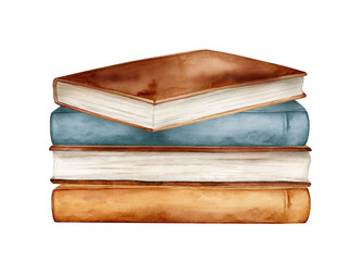 Watercolor illustration stacks of books for reading, pile of textbooks for education. Set of literature, dictionaries, encyclopedias. Colored illustration isolated on white background.