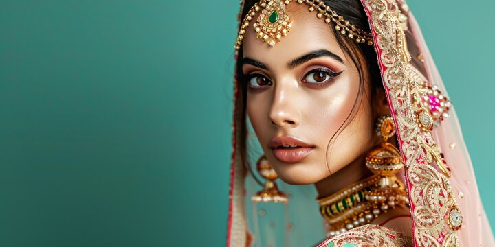 Stunning image of an attractive Indian lady wearing traditional attire and adorned with henna and gemstone accessories.
