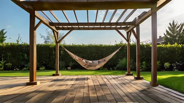 Serene backyard with a hammock under pergola on a sunny day