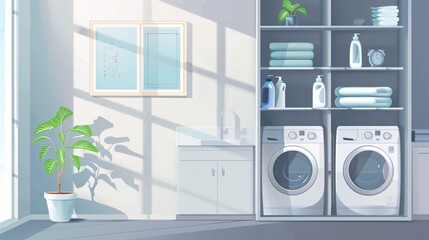 A contemporary gray laundry room with a washer. - obrazy, fototapety, plakaty