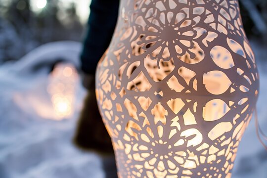 closeup of snow lantern with intricate patterns, person in background