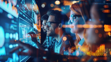 Fototapeta premium Close-up of a team intensely working on computer screens displaying data analytics and graphs with a blurred face