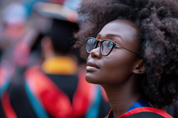 Side view of Afro student in graduation uniform, optimistic future