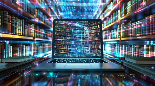 Inside a computer, a digital library houses a vast collection of books, signifying the limitless reach of online learning
