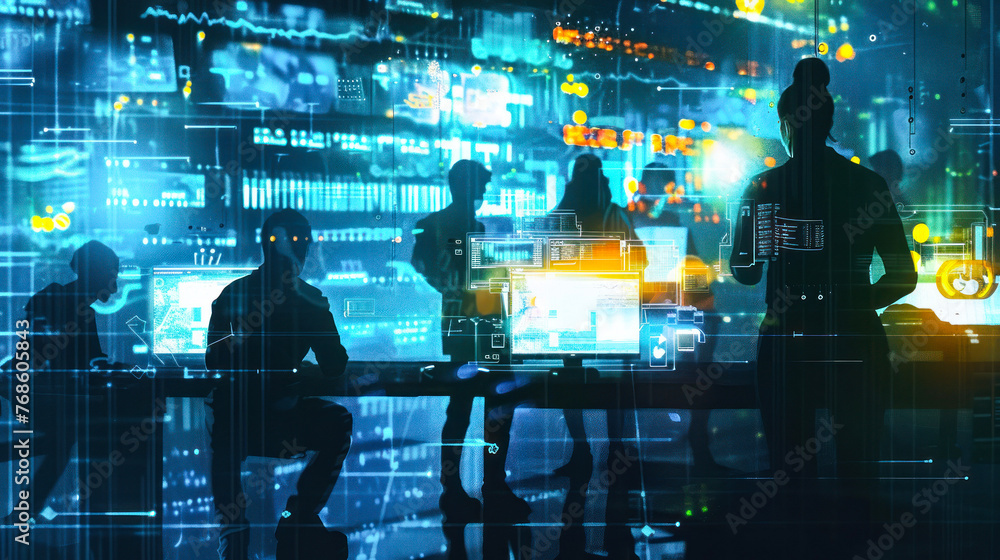 Poster silhouettes of a professional team work amidst a backdrop of glowing tech screens and interfaces