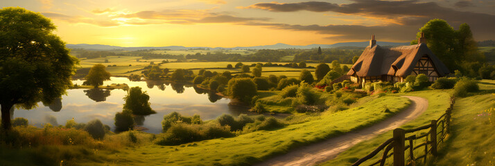 Golden Hour Brilliance in England's Rustic Countryside: An Idyllic Blend of Pastoral Fields and Charming Country Homes