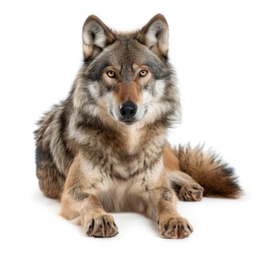 Grey wolf in natural pose isolated on white background, photo realistic