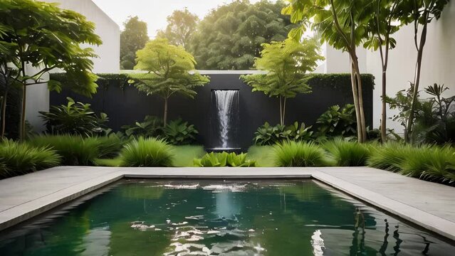 Luxurious backyard with a pool and waterfall amid lush greenery