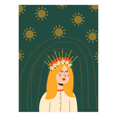 Woman with flowers wreath. Summer Solstice. Used for greeting card, and poster design.