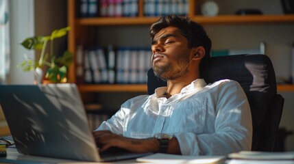 Obraz premium Relaxed Young Indian Man Rests with Closed Eyes Amidst Office Work