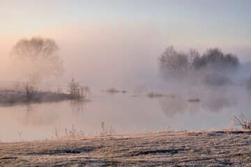 Foggy morning near the lake.