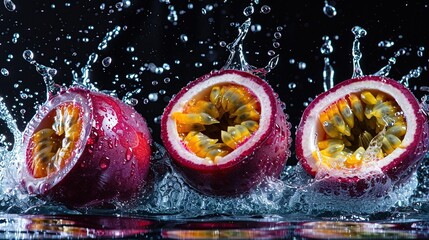Colorful ripe passion fruits, droplets, into dark water, creating splash, high contras - obrazy, fototapety, plakaty