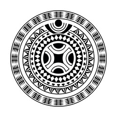 Round tattoo ornament with swastika maori style. African, aztecs or mayan ethnic style. Black and white.