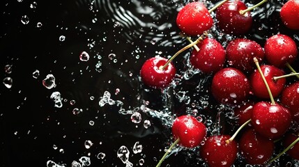 Dewy cherries falling into deep black water, colorful contrast, detailed splash, - obrazy, fototapety, plakaty