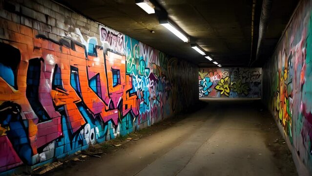 Dimly lit tunnel with colorful graffiti art on walls