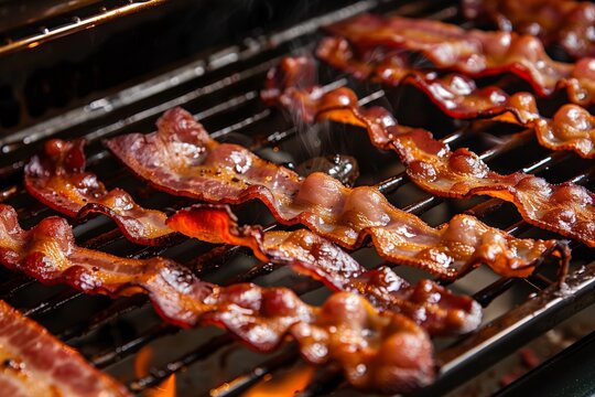 close view of sizzling bacon strips in an oven