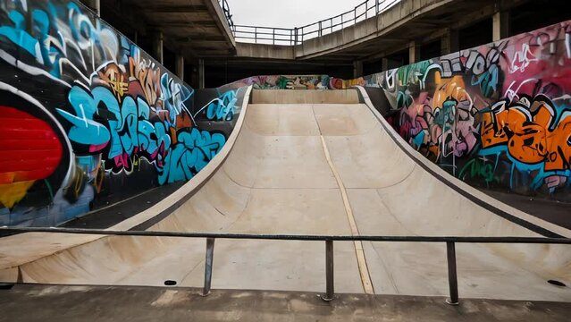 Skatepark ramp with vibrant graffiti art