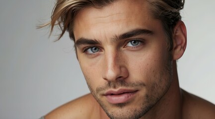 Obraz premium Attractive handsome white man in studio background, posing for beauty product