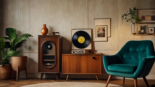 Stylish retro living room with vinyl player