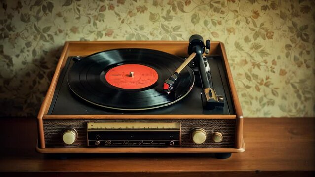 Retro record player on floral wallpaper
