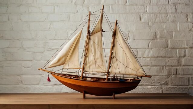 Wooden model ship on a table against white wall