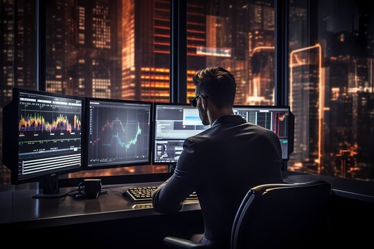 A businessman working on his computer, tracking the stock market in real-time