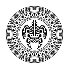 Round tattoo ornament with turtle maori style. African, aztecs or mayan ethnic style. Black and white.