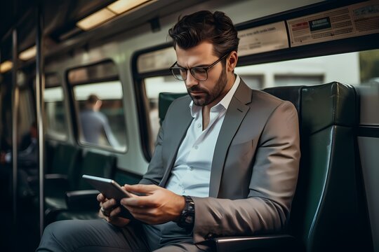 A businessman using a tablet to monitor stock market activity while traveling on a train