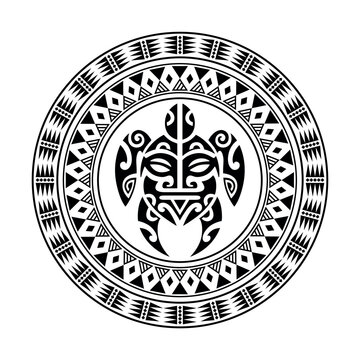 Round tattoo ornament with turtle maori style. African, aztecs or mayan ethnic style. Black and white.