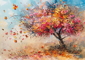 Obraz na płótnie Canvas Autumn Splendor, Vibrant Oil Painting of Flowering Tree