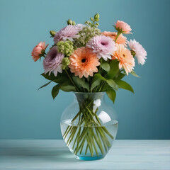 a beautiful chic bouquet of flowers in a vase on a light blue background
