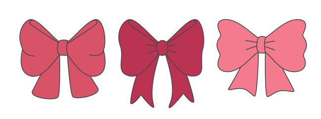 Set of colorful simple decorative holiday ribbon bows for gifts, for decorating hair on transparent background. For gift wrapping for birthday, Christmas, New Year. Isolated Flat Vector EPS10