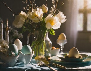 A festive table set for Easter brunch, featuring traditional dishes, decorated eggs, and spring flowers.