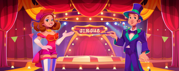 Man magician with woman assistant or circus stage or theatre scene with round platform, arch entrance, red curtains and spotlights. Cartoon vector illustration of fun fair festival entertainment. © klyaksun