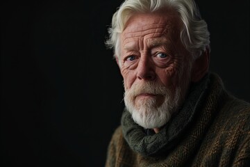 Portrait of senior man with white beard in warm sweater on black background