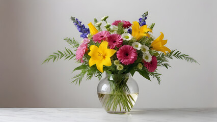 a beautiful chic bouquet of flowers in a vase on a light white background