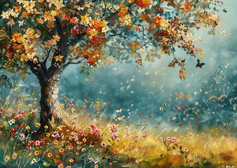 Autumn Splendor, Vibrant Oil Painting of Flowering Tree