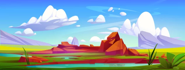 Fototapeten Natural summer day landscape with pond, green grass and brown ground rocks on shore. Cartoon vector illustration sunny countryside scenery with lake and terrain boulders formation, clouds on blue sky. © klyaksun