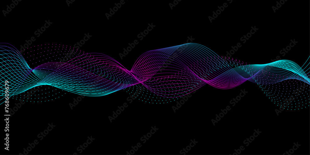 Poster Abstract light lines wavy flowing particles dynamic pattern in blue purple colors isolated on black background. Vector digital design in concept of energy, music, modern science, AI, technology, 5G