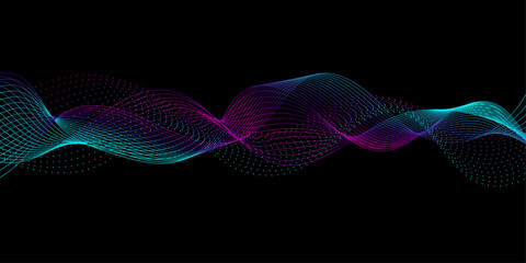 Abstract light lines wavy flowing particles dynamic pattern in blue purple colors isolated on black background. Vector digital design in concept of energy, music, modern science, AI, technology, 5G