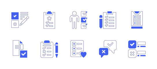 Survey icon set. Duotone style line stroke and bold. Vector illustration. Containing answers, survey, clipboard, to do list, checklist.