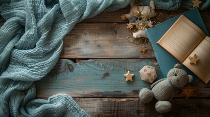 A charming baby accessories mockup with hand-painted wooden toys.  - obrazy, fototapety, plakaty