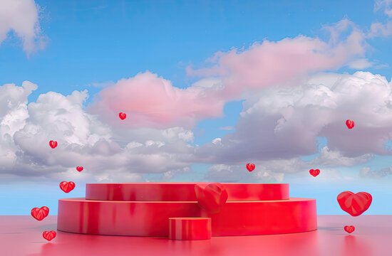 3d render red podium, sky background, valentine day stock photo 8k realistic