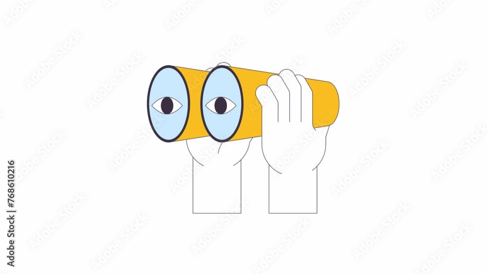 Poster touristic binoculars holding line 2d character hand animation. observing distant things flat color c